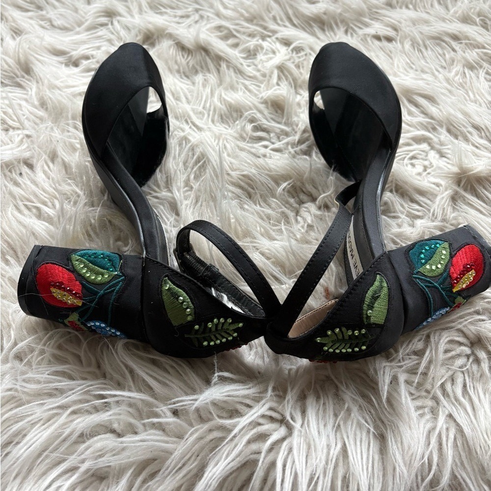 Black Satin embroidered Y2K chunky heel sandals -7